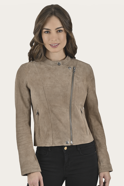 Women’s Taupe Jace Hybrid Biker Racer Suede Jacket