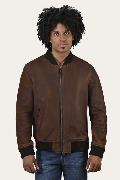 Men’s Cognac Clay Leather Bomber Jacket